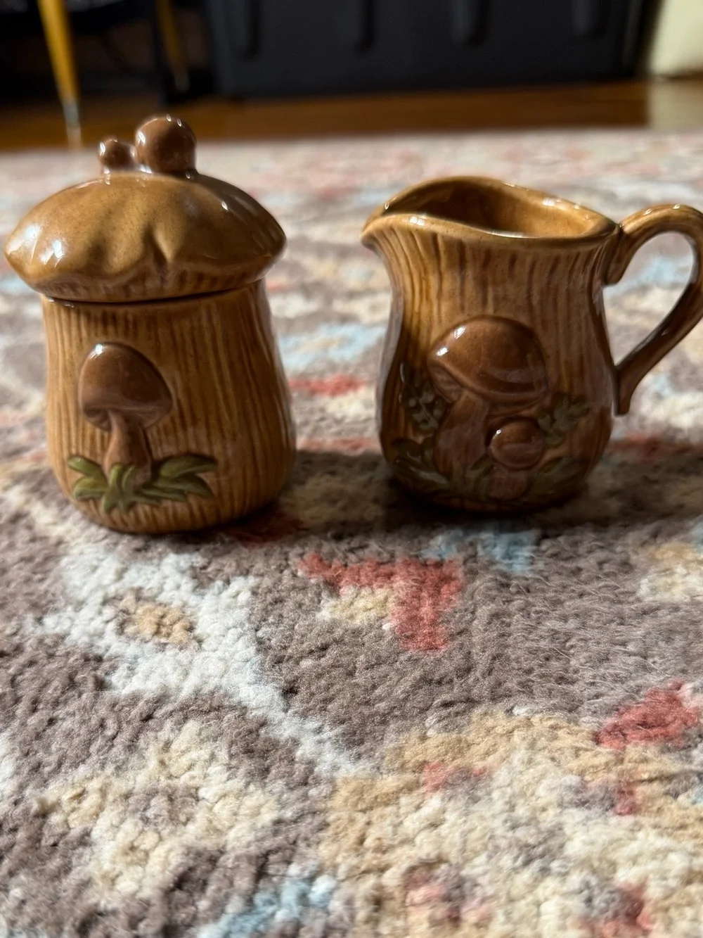 Vintage Woodland Mushroom Cream & Sugar Set | Ceramic Sugar Bowl w/Lid & Creamer